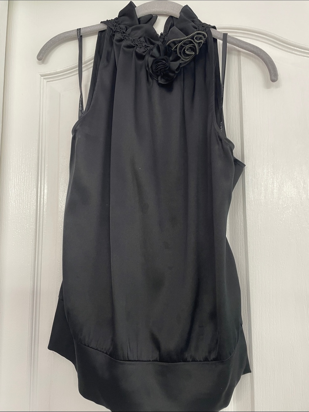 bebe Black Halter Camisole with Floral Neck Embellishments